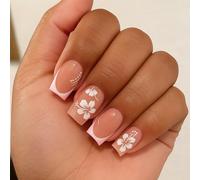 Short Square Press On Nails with Floral Design - 24PCS Pink Fake Nails Set, Full Cover False for Women DIY Manicure, Easy Stick On Art Tips