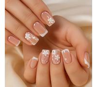 Short Square Press On Nails with French Tips - Nude Base White Floral Design False Nails, Natural Look Reusable Fake Nails for Women, Pre-Designed Glue On Nails for Daily Wear Parties Weddings