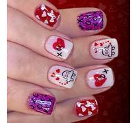Short Square Press-On Nails with Glitter & White Heart Design for Parties, Dates - 24Pcs Reusable False