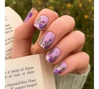Short Square Press On Nails with Purple Floral Design - Cute Stick On Nails for Women, Soft Matte False Nails, Salon-Quality Fake Nails for Daily Wear & Spring Aesthetic