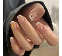 Short Square Press On Nails with White French Cat Design - Full Coverage Acrylic False Nail Art Set for Casual Daily Wear, Featuring Cute Cartoon Kitty and Rhinestone Decorations