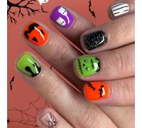Short Square Sparkling Artificial Claws Halloween Spider Web Bat Pattern 24pcs Press-On Tips Halloween Nail Art