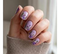 Short Squoval Press-On False Nails, Glossy Lavender Floral Design Set