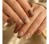 Short Stick On Nails, 24-Piece Brown Nude Coffin Press On Nail Set | Assorted Sizes, Glossy Finish, Cream Daisy Motifs, Silver Glitter And Curved Lines, For Home Manicures And Casual Gatherings