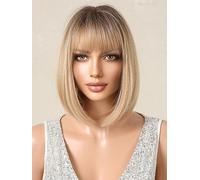 Short Straight Bob Ombre Blonde Brown Wigs with Bangs for Women, 12'' Dark Roots Wig Heat Resistant Hair for Daily Party Cosplay