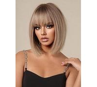 Short Straight Bob Ombre Brown Wigs with Bangs for Women, 13'' Brown Roots Wig Heat Resistant Hair for Daily Party Cosplay