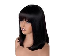 Short Straight Bob Wig for Women with Bangs Made from Brazilian Remy Human Hair Full Machine Made Glueless Non-Lace Design (180 8inches##1B)