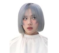 Short Straight Cut Hair Wig with Bangs Lolita Blue Gradient Short Bob Wig for Women Female Natural Looking Synthetic Hair Wigs Cosplay Daily