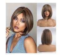Short straight hair neat bangs head Europe and the United States chemical fiber wig female full head scarf(Light brown)