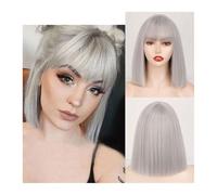 Short Synthetic Silver Gray Bob with Bangs Short Straight Bob Wigs for Women Cosplay Daily Party Red blackpink Wig 11inches Daily Use