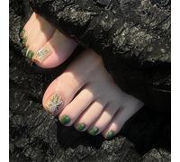Short Toe Press-On Fake Nails Delicate Shiny Butterfly Nail Art Decoration Green Glossy Pedicure for Women and Girls 24pcs