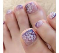 Short Toe Press-On Fake Nails Elegant Flowers Nail Art Decoration Purple Glitter French Pedicure for Women and Girls 24pcs