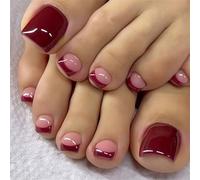 Short Toe Press-On Fake Nails Minimalist Nail Art Decoration Classic Wine Red French Pedicure for Women and Girls 24pcs