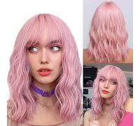 Short Wave Pink Bob Wigs with Bangs, Synthetic Hair Shoulder Length Wig Curly Fringe Heat Resistant Wavy Wigs for Women