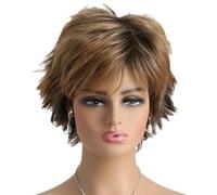 Short Wavy Wig 9.8" Brown Pixie Cut Wigs Realistic Synthetic Hair with Bangs Natural Looking Layered Fluffy Shaggy Curly Highlight for Women Daily Use Party,Brown