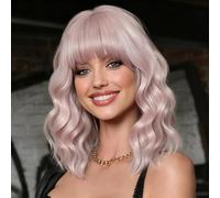 Short Wavy Wig with Bangs for Women Shoulder Length Bob Curly Women's Charming Synthetic Wigs with Natural Wavy Black To Brown Heat Party Use (light pink)