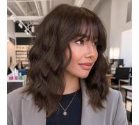 Short Wavy Wig with Bangs for Women Shoulder Length Bob Curly Women's Charming Synthetic Wigs with Natural Wavy Black To Brown Heat Party Use (coffee brown)