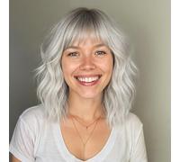 Short Wavy Wig with Bangs for Women Shoulder Length Bob Curly Women's Charming Synthetic Wigs with Natural Wavy Black To Brown Heat Party Use (Ombre Silver)