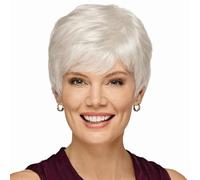 Short White Wig for Women, Synthetic Layered Pixie Cut Wig with Bangs Natural Looking Costume Hair Wig Ladies White Short Fluffy Layered Wigs for Middle-aged and Older Women