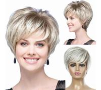 Short Wig European and American Women's Synthetic Hair Daily Mix Color Silver Gray Chemical Fiber Head Cover-Light Blonde_b
