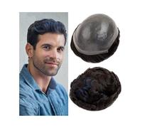 Short Wig for Male Blue Highlighted Human Hair 0.06-0.08MM Full Skin Base with Double Knotted Male Prosthesis Bald Spot Cover(8x10)