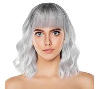 Short Wigs for Women, Ombre Silver Grey Bob Wigs, Wavy Bob Wigs with Bangs, Natural Shoulder Length Wigs, Synthetic Wig with Fringe, for Cosplay, Party, Daily Wear