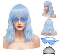 Short Wigs With Air Bangs Shoulder Length Women's Wig Curly Wavy Synthetic Halloween Cosplay Wig for Girl Costume Wigs (Ice Blue)