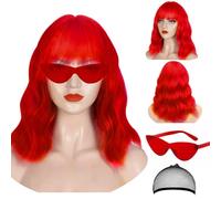 Short Wigs With Air Bangs Shoulder Length Women's Wig Curly Wavy Synthetic Halloween Cosplay Wig for Girl Costume Wigs (Red)