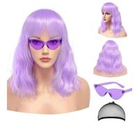 Short Wigs With Air Bangs Shoulder Length Women's Wig Curly Wavy Synthetic Halloween Cosplay Wig for Girl Costume Wigs (Violet)