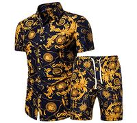Shorts Beach Short Sleeve Shirt 2-Piece Summer Printed Set & Men's Long Pants Men's Suit Set Men's Clothing Set Short Top and Trousers Men's Sportswear for Leisure and Sports, yellow, XXXL