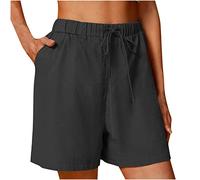 Shorts Denim Cotton Linen Shorts Women Plain Pull on Elasticated Waist Pants with Pockets Summer Casual Pants Drawstring Straight Leg Loose Wear Lightweight Comfy Beach Wear