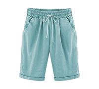 Shorts for Women Casual Drawstring Knee Length Shorts Ladies Solid Colour Plain Lounge Travel Long Womens Elastic Waist Turned Hem Summer with Pockets