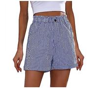 Shorts for Women Casual Striped Bermuda Shorts with Pockets Ladies Half Elastic Waisted Wide Leg Work Womens Summer Fashion Comfy Loose Cotton Linen
