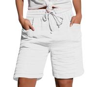 Shorts for Women UK Drawstring Waist Loose Casual Cotton Linen Shorts with Pockets Breathable Comfortable for Summer Beach Daily Big Tall Lounge Wear (White, XL)