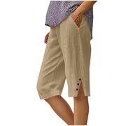 Shorts for Women UK Gym Summer Cotton Linen Elasticated Waist Shorts with Pockets Wide Leg Lightweight Breathable Knee Length Pants Loose Fit Casual Comfy Holiday Beach Pants Khaki