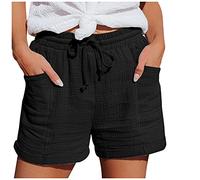Shorts for Women UK Linen Shorts Women Ladies Solid Colour Drawstring with Pockets Elastic Waist Loose Casual Pants Summer Clothes Cotton Beach Walking for UK a-Black XXL