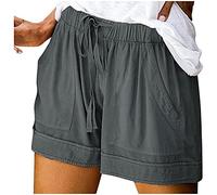 Shorts for Women UK Plus Size Elastic High Waist Cotton with Pocket Linen Shorts Solid Wide Legs Shorts Drawstring Straight Legs Tracksuit Bottoms Ladies Beach Shorts