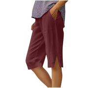 Shorts for Women UK Plus Size Summer Cotton Linen Elasticated Waist Shorts with Pockets Wide Leg Lightweight Breathable Knee Length Pants Loose Fit Casual Comfy Holiday Beach Pants Wine