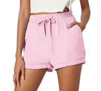 Shorts for Women UK with Pocket Drawstring Elasticated Waist Summer Pants Casual Solid Color Plain Beach Shorts Loose Lighweight Womens Trousers Boho Holiday Chino Pants Ladies Clothes