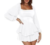 Shorts Jumpsuit for Women UK Elegant Boho Romper Ruffle Hem Shorts Mini Dress Summer Solid Color Lantern Long Sleeve Square Neck Ruched Ruffled Playsuits Overall Beach Dress Sundress (32-White, XXXL)