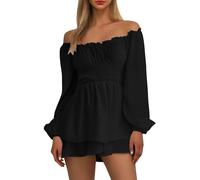 Shorts Jumpsuit for Women UK Elegant Boho Romper Ruffle Hem Shorts Mini Dress Summer Solid Color Lantern Long Sleeve Square Neck Ruched Ruffled Playsuits Overall Beach Dress Sundress (21-Black, S)