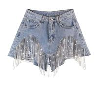 Shorts Women's High Waist Sequins Tassels Hot Pants with Beads Unfinished Hem Ripped Fringe Jeans Shorts for Women Jeans Night Clubwear Party Beach Disco Jeans Bermuda Shorts, O Blue, S