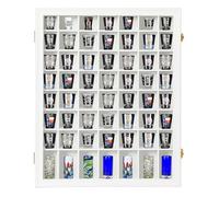 Shot Glass Display Case Wooden Cabinet Rack Holder Wall Mounted 56 Slots White Shadow Box Lockable with UV Protection Acrylic Glass Door Shot Glass Storage Display with Removable Shelves, 23.3"x18.74"