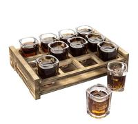 Shot Glasses Serving Tray | Rustic Burnt Wood Whiskey Shot Glass Holder | Holiday Slotted Display Stand Holds 12 Square Glasses, Bar Accessories For Christmas Wedding Party Kitchen Décor