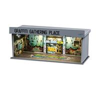 Shoucangjia Tomica Hot Wheels Match Box Display Case, Diorama 1/64 Scale Car Garage with LED Lights and Acrylic Cover, Stackable Toy Car Model Parking Lot Storage, Graffiti Gathering Place