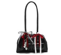 Shoulder Bag for School, Japanese School Bag Y2K PU Zippered Black Messenger with Long Handle & Velvet Bow Handbag for Women Girl