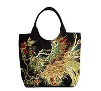 Shoulder Handbags, Ladies Ethnic Travel Hobo Bags Tote with Bling Sequins Phoenix Embroidered Canvas Vintage Zip Up Bag,Black 2,27 * 12 * 35 CM