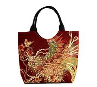 Shoulder Handbags, Ladies Ethnic Travel Hobo Bags Tote with Bling Sequins Phoenix Embroidered Canvas Vintage Zip Up Bag,Wine Red 2,27 * 12 * 35 CM