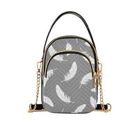 Shoulder Purse for Women White Feathers Gray Black Quilted Chain Strap Cell Phone Purse Cute Zipper Satchel Crossbody Tote, 5.9" × 8.3" × 3.1"