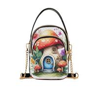 Shoulder Purse Handbag Stylish Cell Phone Purse Chain Strap Quilted Crossbody Clutch Zipper Tote Whimsical Fairy Tale Mushroom House